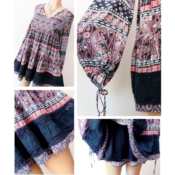 Navy Blue Multi BOHO Print Babydoll Tunic Blouse - Picture 5 of 8